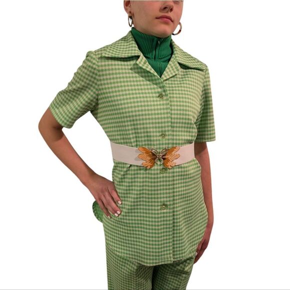 Women's 70s Vintage 3 Piece Polyester Green & White Checkered Leisure Suit Set - Picture 6 of 13